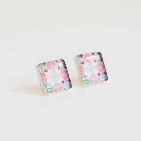 Aretes Cuadrados con Fotografía de Azulejos de Mosaico Rosa en plata 925